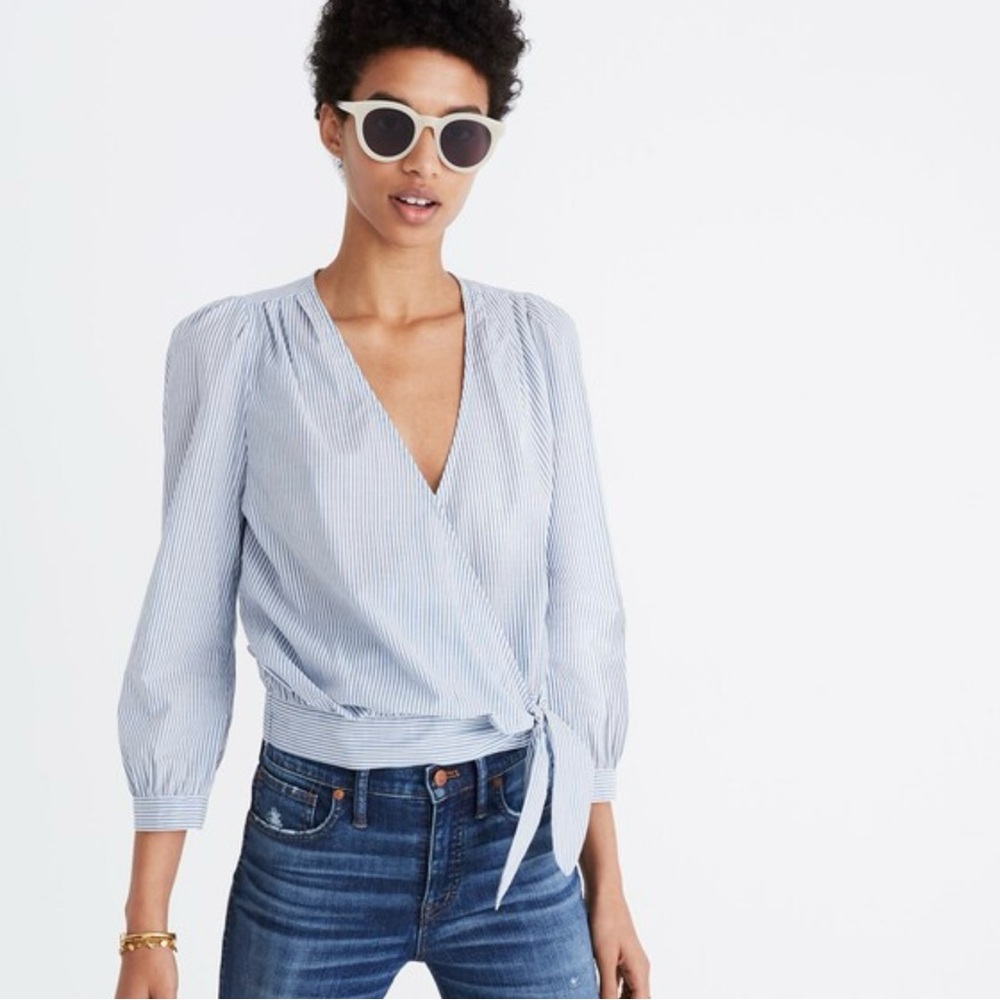 Madewell Blue and White Pinstripe Wrap Blouse